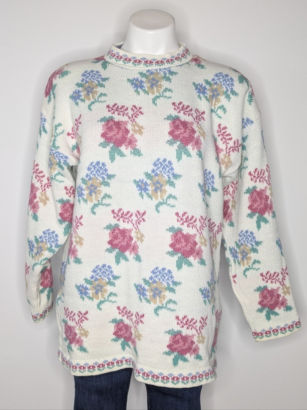 Vintage Dana Scott White Pink Blue Floral Knit Long Sleeve Sweater L